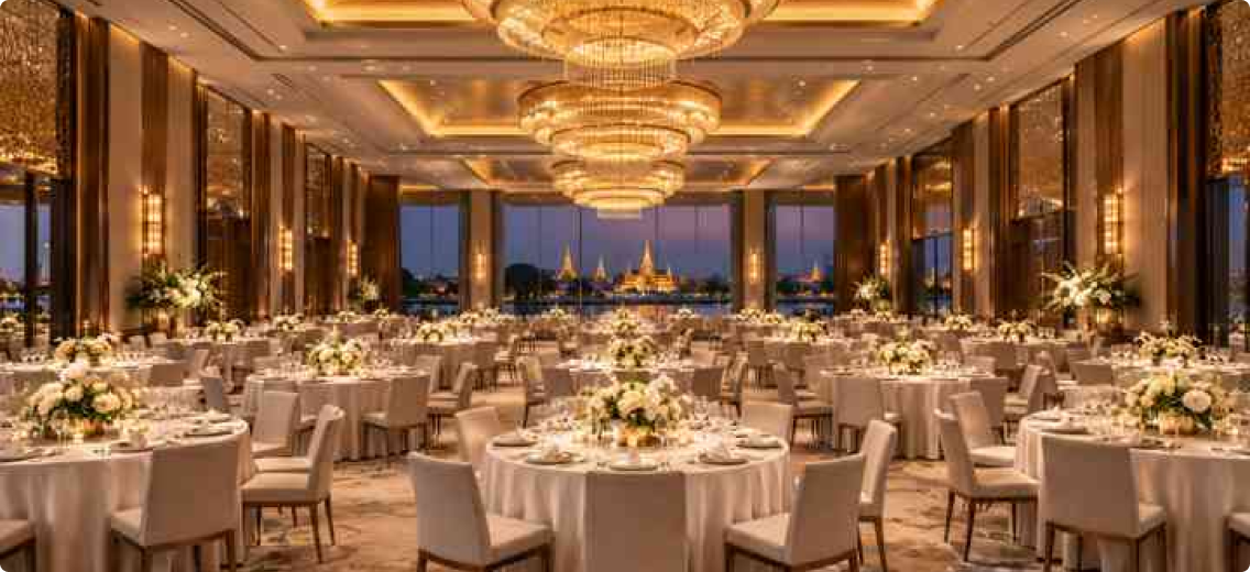 ห้อง Grand Ballroom จัดเลี้ยงพร้อมโคมไฟระย้า
